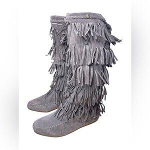 Shoes of Soul Western Calf High Gray Fringe Moccasins with Buttons Women Size 10